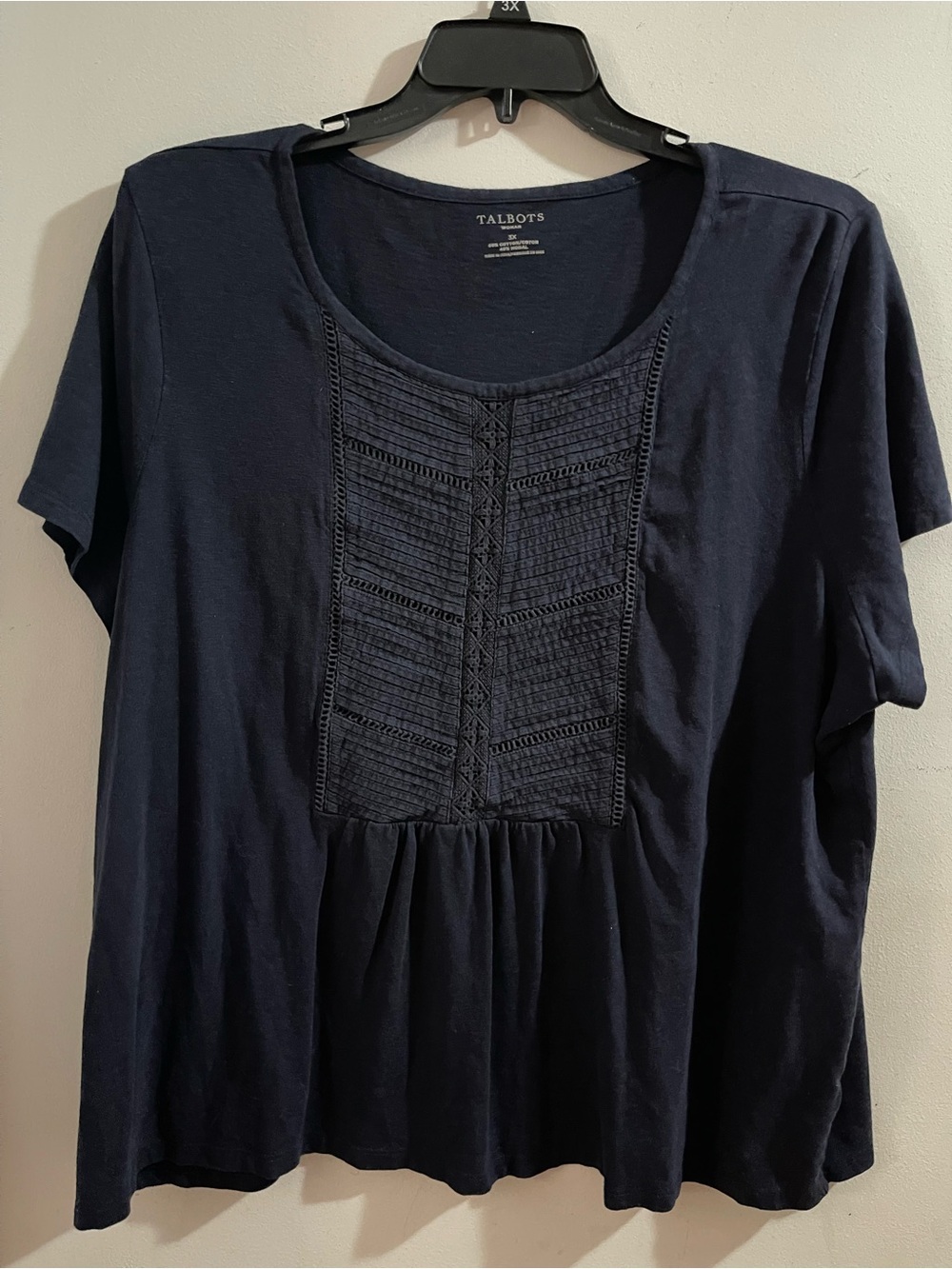Talbots Navy Short Sleeve Scoop Neck Top with Pintuck Detail Size 3X